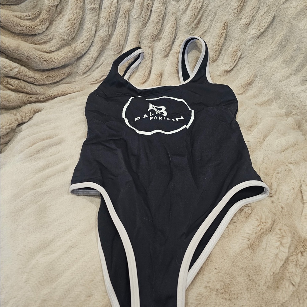 Black One-Piece Swimsuit with White Trim -Balmain Logo